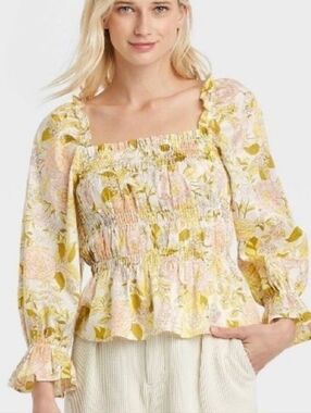 Who What Wear Pink and Yellow Floral Smocked Square-Neck Blouse. Size XS